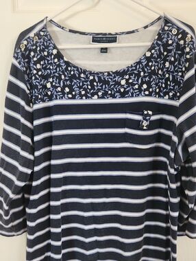 Karen Scott Navy Striped Floral 3/4 Sleeve Women's Top